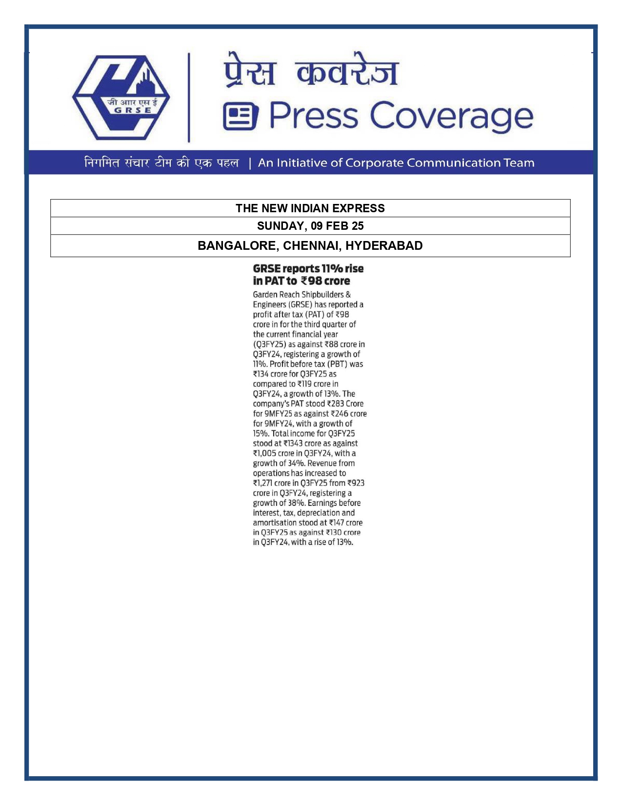Press Coverage : GRSE reports 11% rise in PAT to ?98 crore
